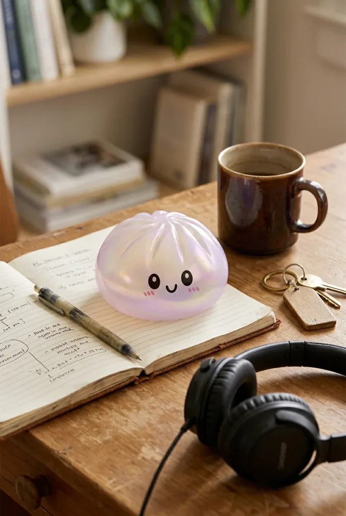 Dumpling Squishy Holographic Iriserend op het bureau
