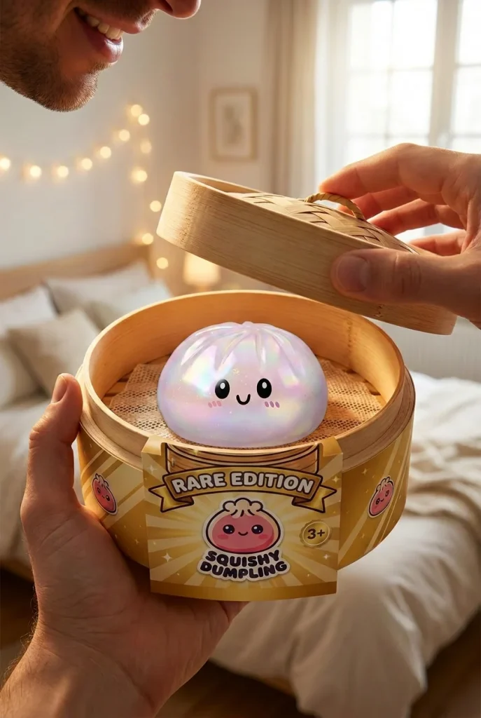 Dumpling Squishy Holographic Iriserend tijdens het uitpakken