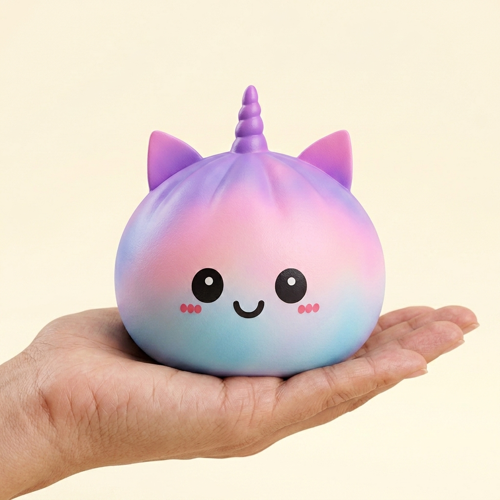 Jumbo Dumpling Squishy Eenhoorn Regenboog in de hand gehouden, echte grootte
