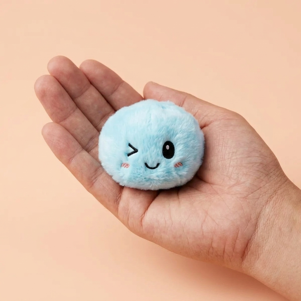 Dumpling Squishy Sleutelhanger Pluche Set X6 in de hand gehouden, echte grootte