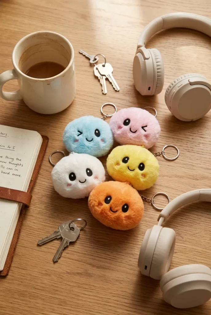Dumpling Squishy Sleutelhanger Pluche Set X6 op het bureau
