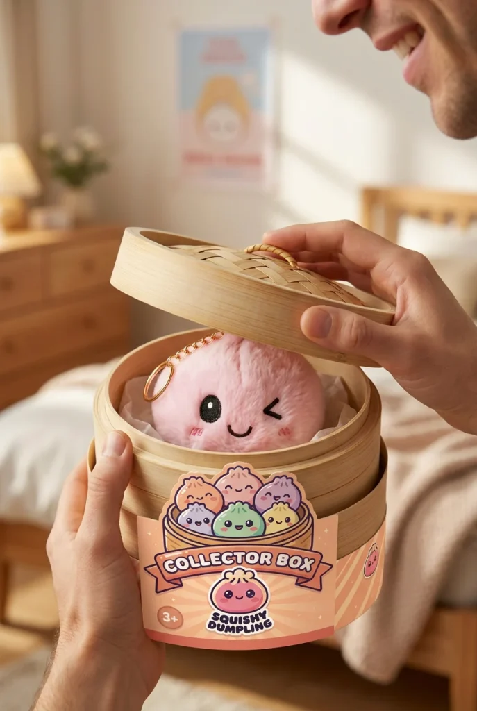 Dumpling Squishy Sleutelhanger Pluche Set X6 tijdens het uitpakken