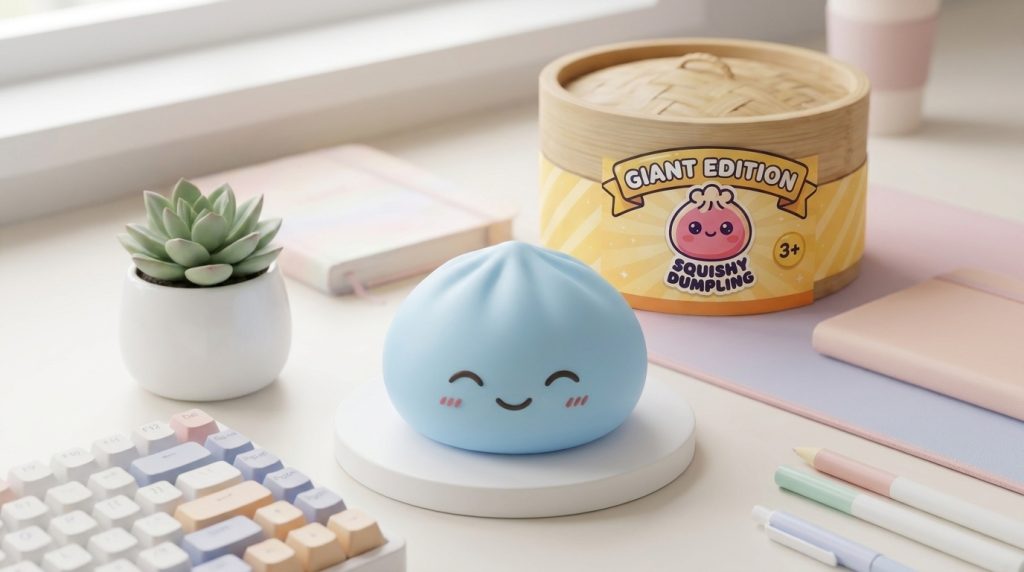 Squishy Dumpling Blue Giant Jumbo in zijn kawaii omgeving