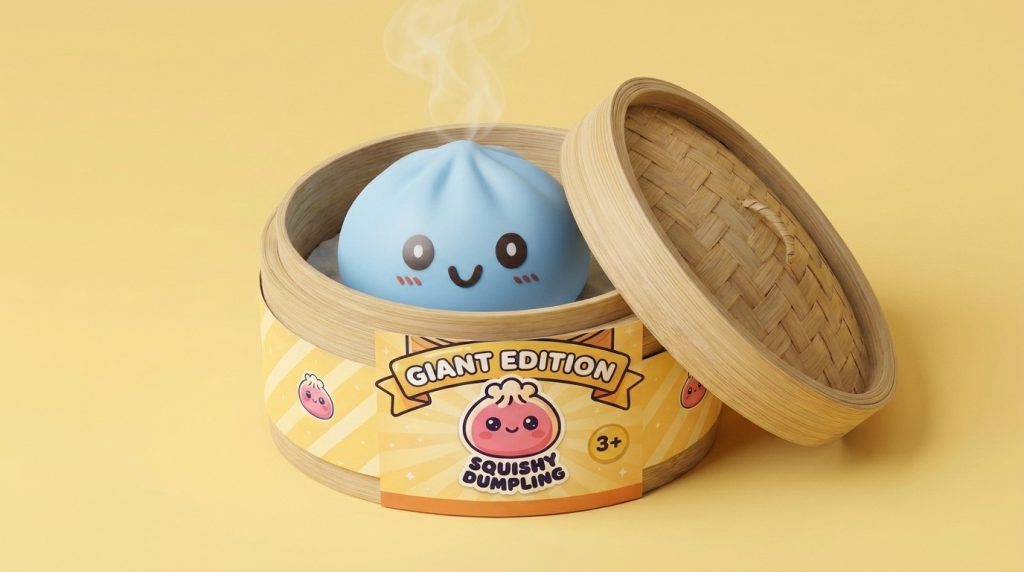Squishy Dumpling Blue Giant Jumbo in het bamboe stoommandje