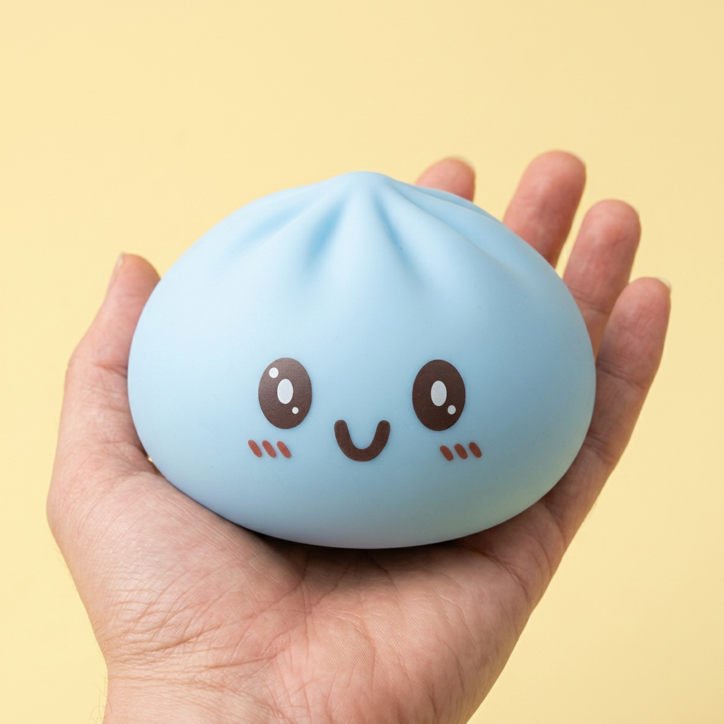 Squishy Dumpling Blue Giant Jumbo in de hand gehouden, echte grootte