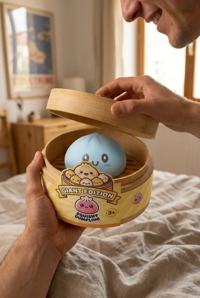 Squishy Dumpling Blue Giant Jumbo tijdens het uitpakken