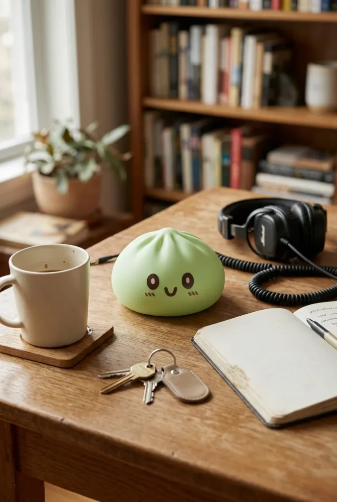 Dumpling Squishy Giant Green Jumbo 15 cm op het bureau