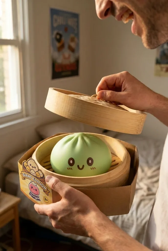 Dumpling Squishy Giant Green Jumbo 15 cm tijdens het uitpakken