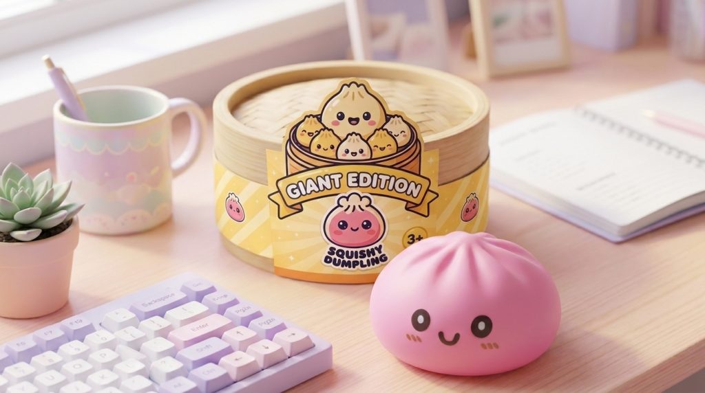 Dumpling Squishy Giant Roze in zijn kawaii omgeving