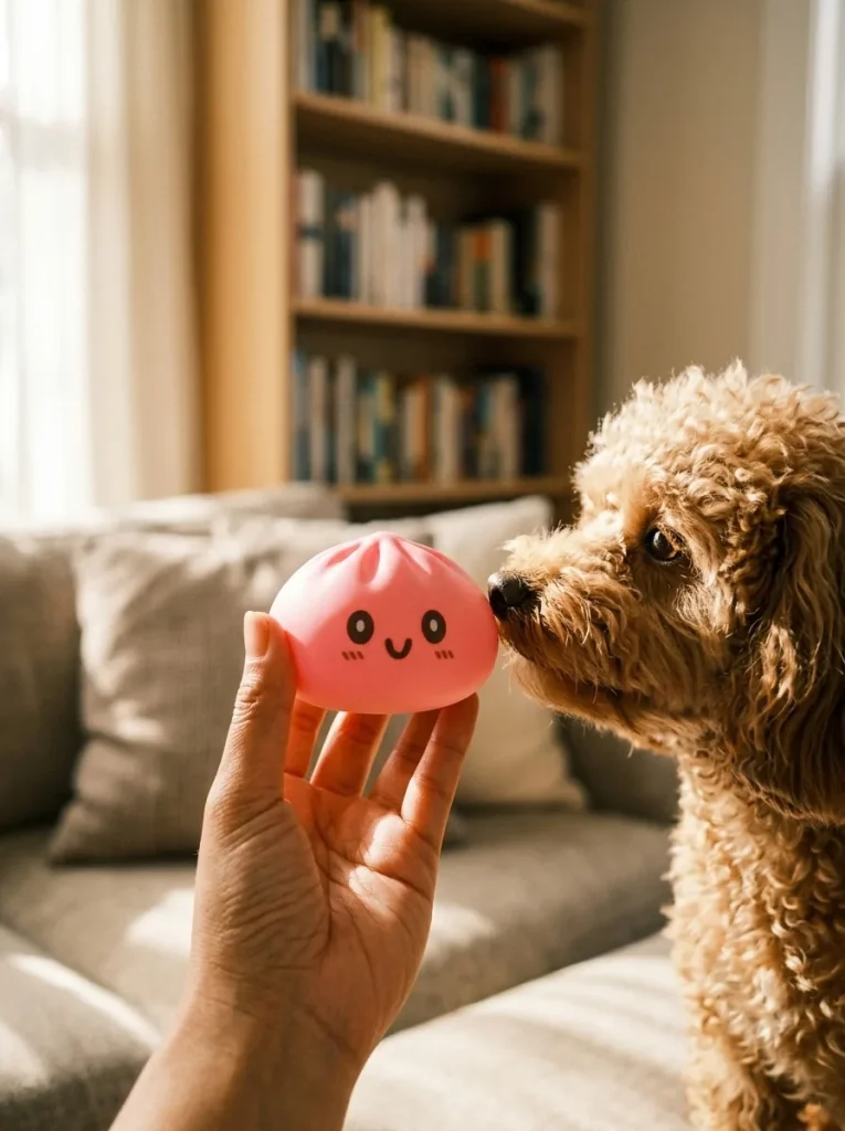 Dumpling Squishy Giant Roze met een knuffel