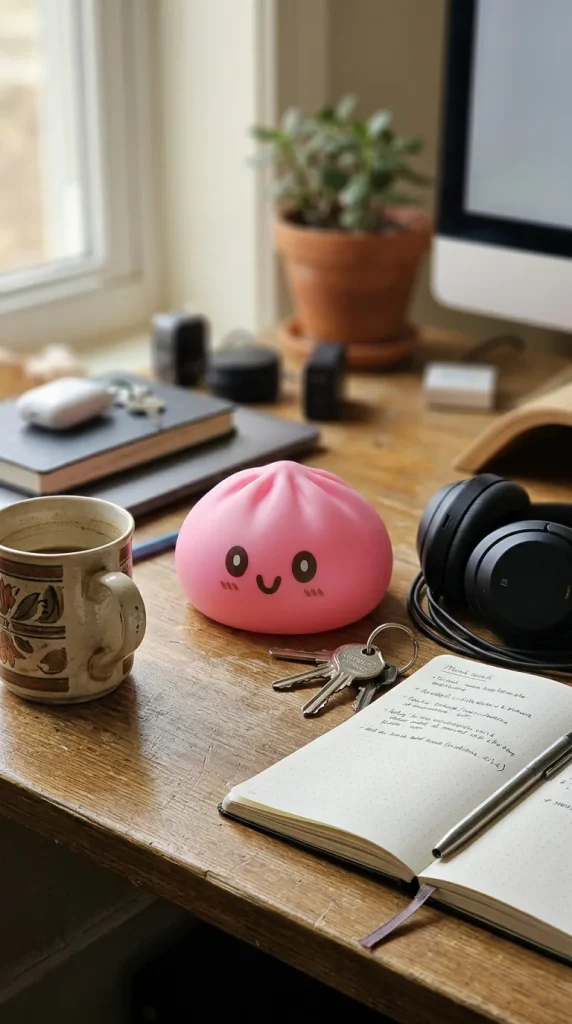 Dumpling Squishy Giant Roze op het bureau