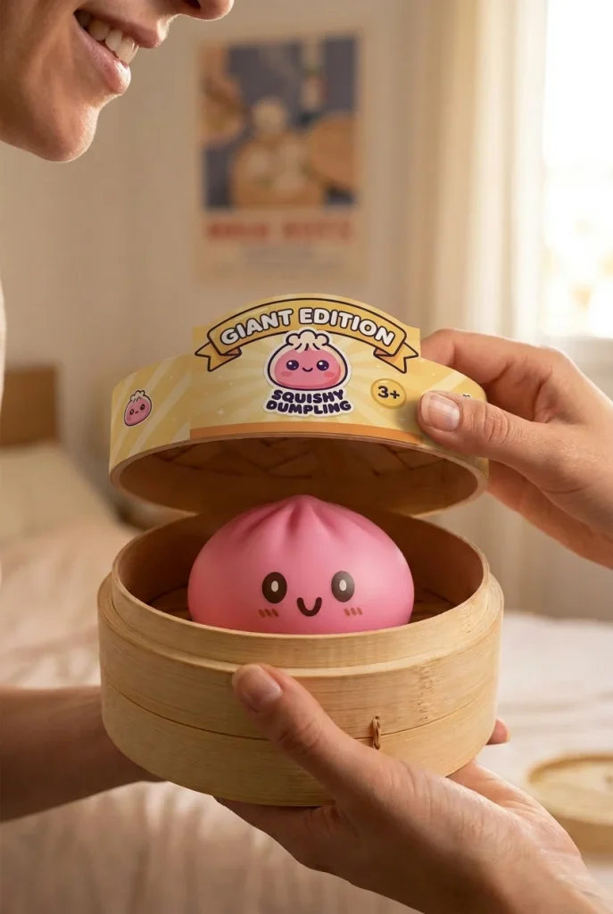 Dumpling Squishy Giant Roze tijdens het uitpakken