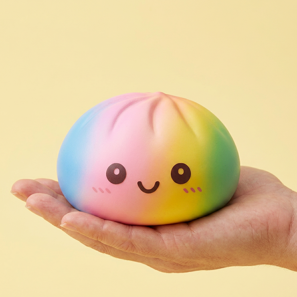Rainbow Dumpling Squishy XXL 15 cm in de hand gehouden, echte grootte