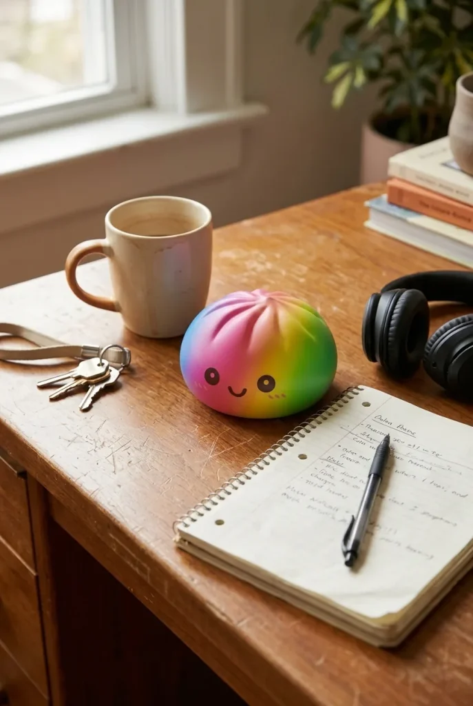 Rainbow Dumpling Squishy XXL 15 cm op het bureau