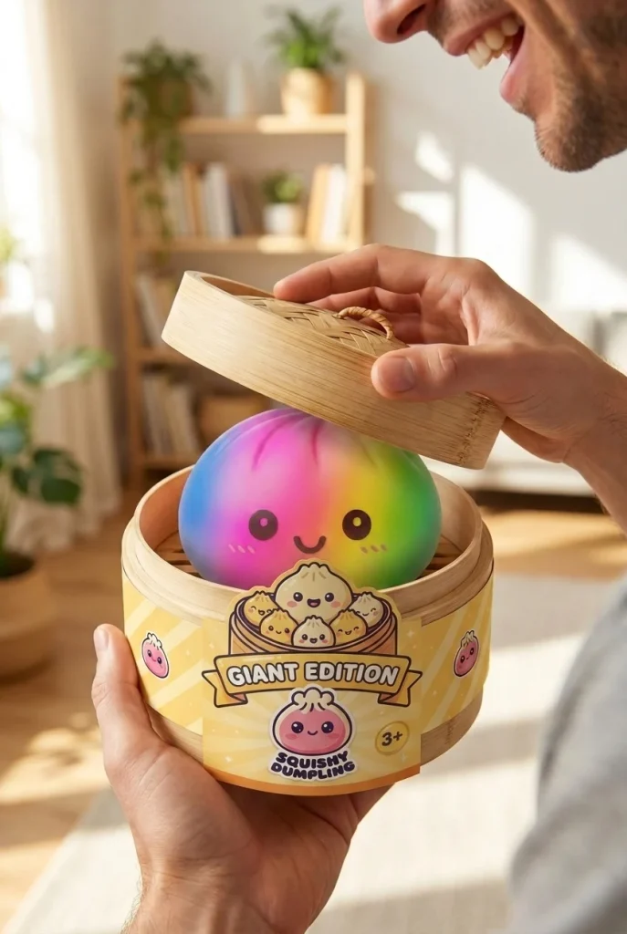 Rainbow Dumpling Squishy XXL 15 cm tijdens het uitpakken