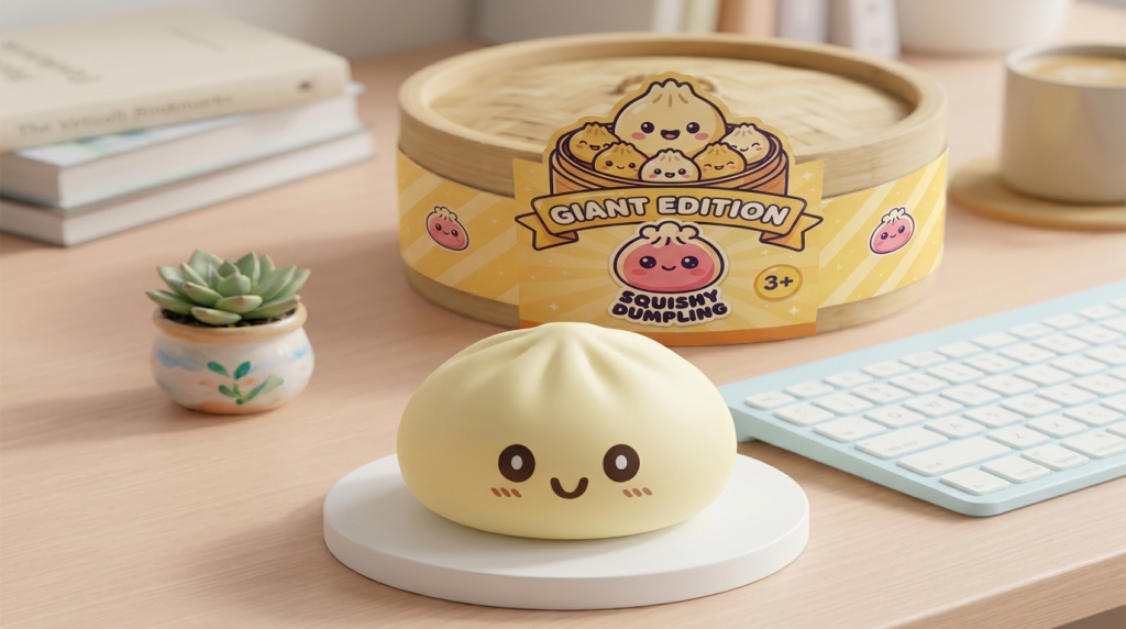Dumpling Squishy Giant Geel – XXL Slow Rise in zijn kawaii omgeving