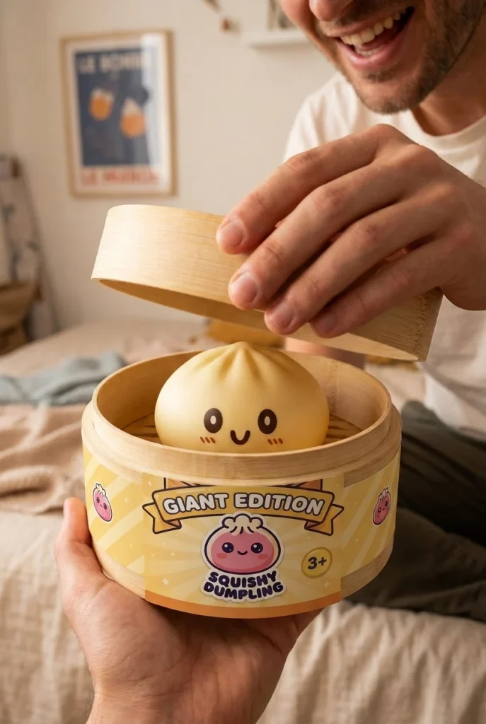 Dumpling Squishy Giant Geel – XXL Slow Rise tijdens het uitpakken