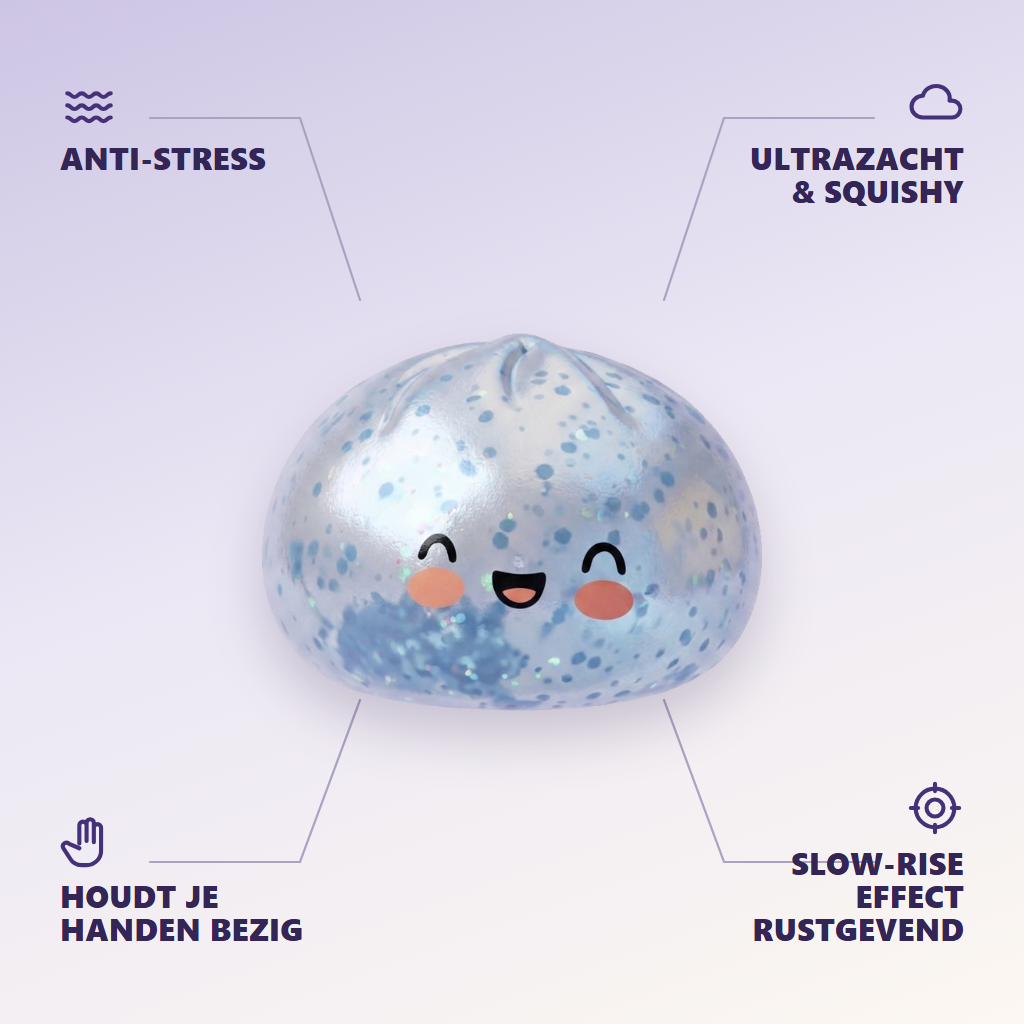 Dumpling Squishy Bleu Glacé Sparkle met Glitter — zijn voordelen