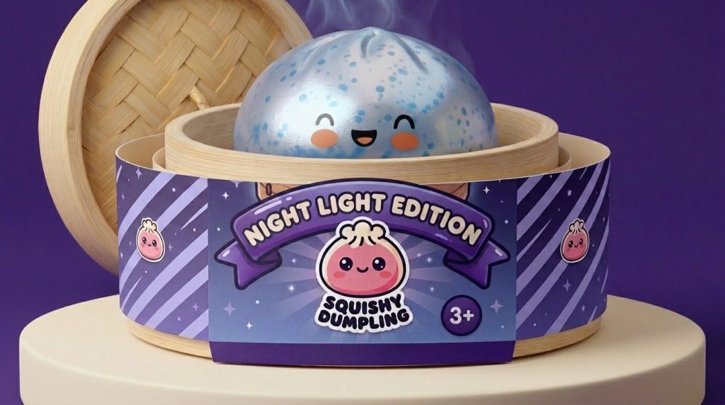 Dumpling Squishy Bleu Glacé Sparkle met Glitter in het bamboe stoommandje