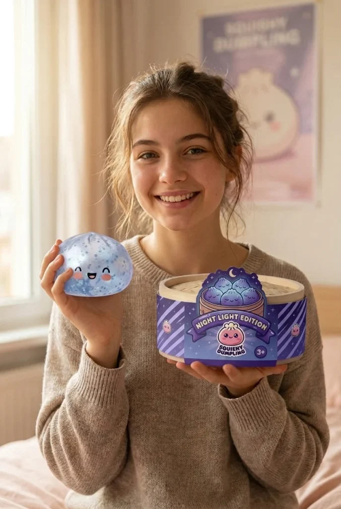 Dumpling Squishy Bleu Glacé Sparkle met Glitter met zijn doos