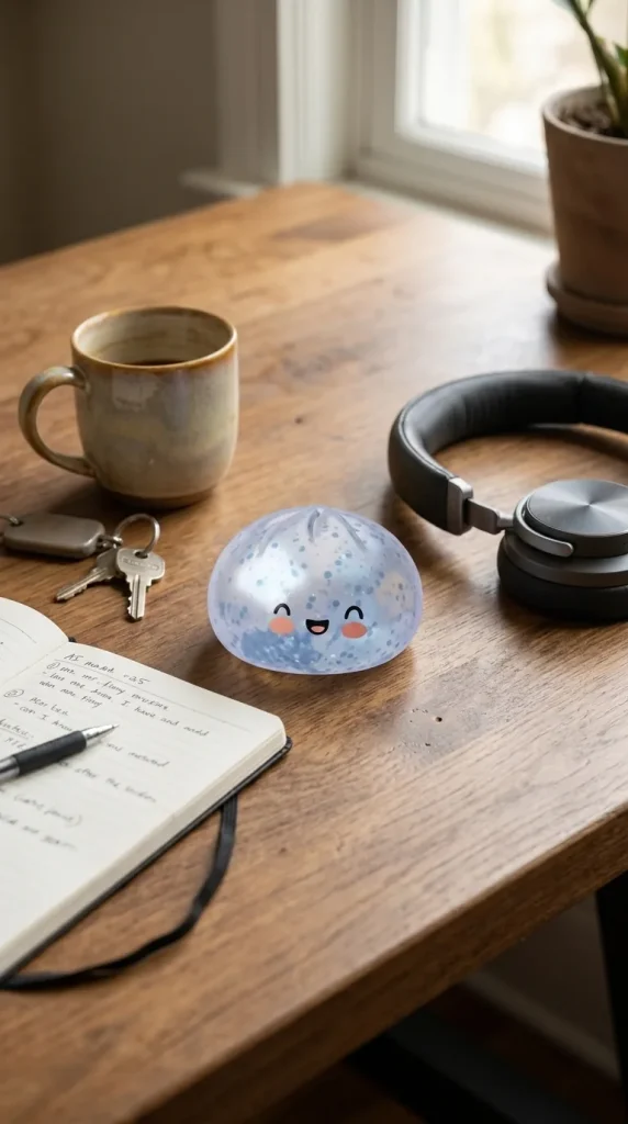 Dumpling Squishy Bleu Glacé Sparkle met Glitter op het bureau