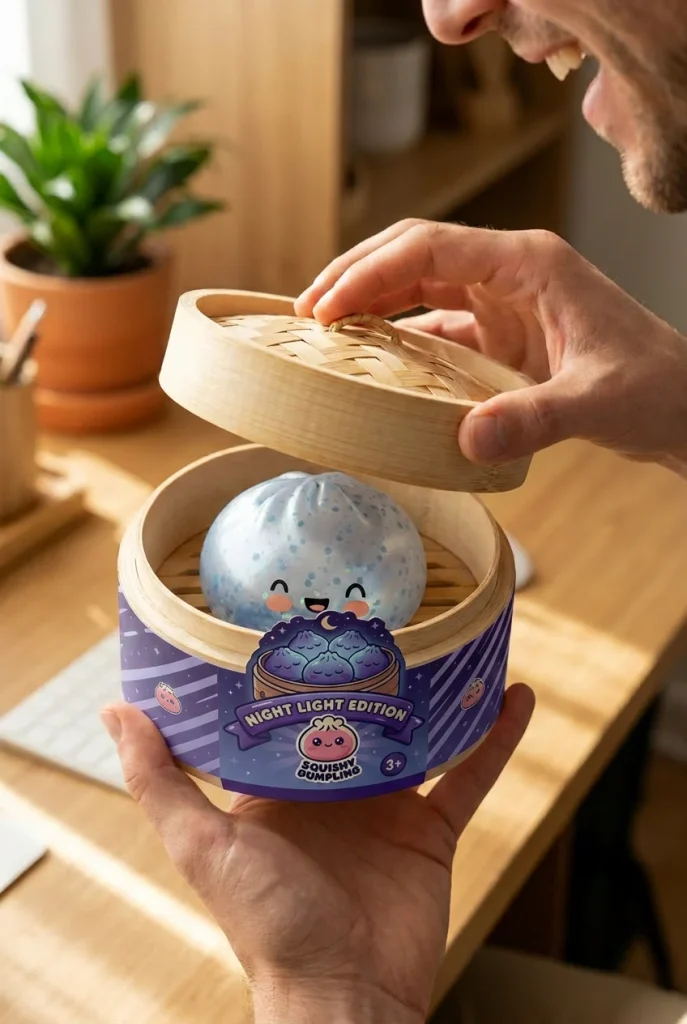 Dumpling Squishy Bleu Glacé Sparkle met Glitter tijdens het uitpakken