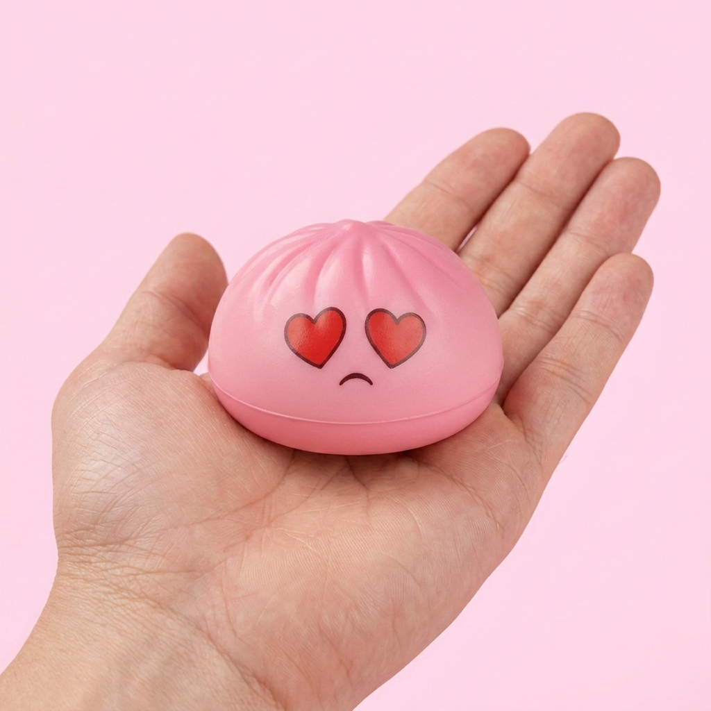 Mini Dumpling Squishy Mystery Box Bamboe in de hand gehouden, echte grootte