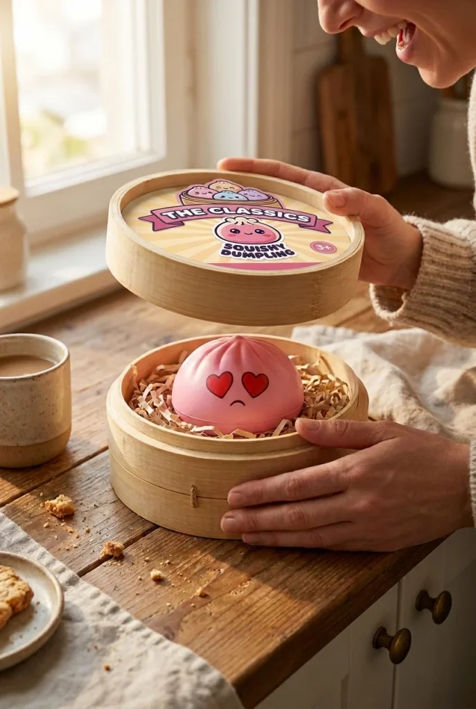Mini Dumpling Squishy Mystery Box Bamboe tijdens het uitpakken