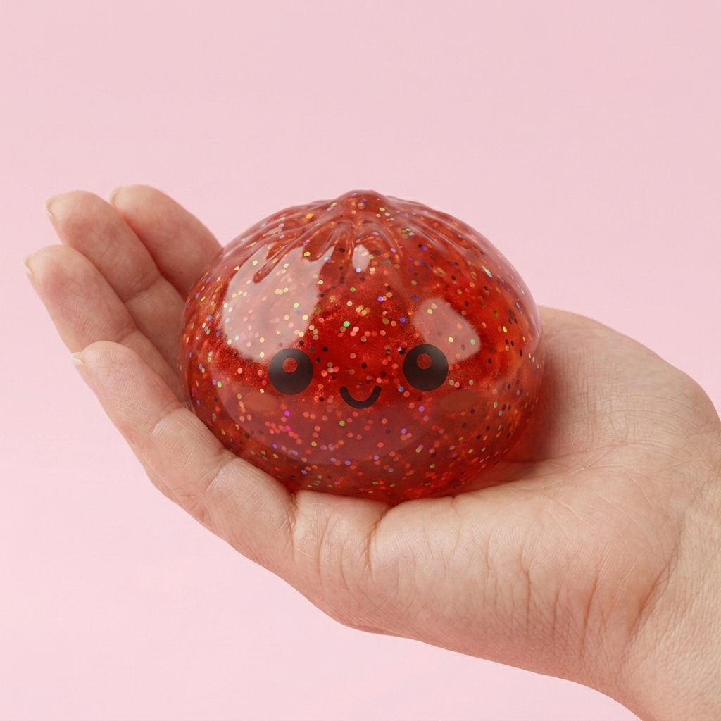 Mini Dumpling Squishy Metallic Mystery in de hand gehouden, echte grootte