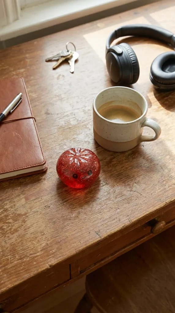 Mini Dumpling Squishy Metallic Mystery op het bureau
