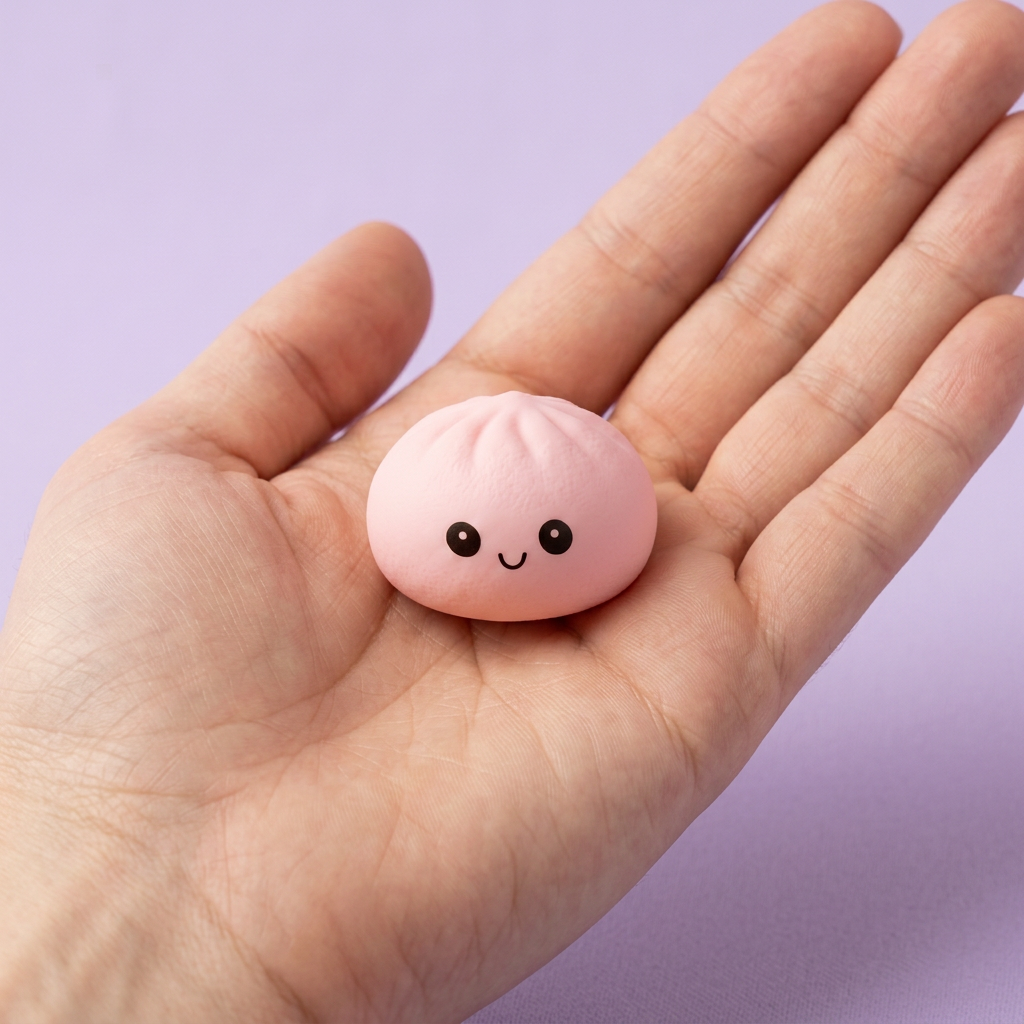 Mini Dumplings Squishy Mystery Verrassing in de hand gehouden, echte grootte