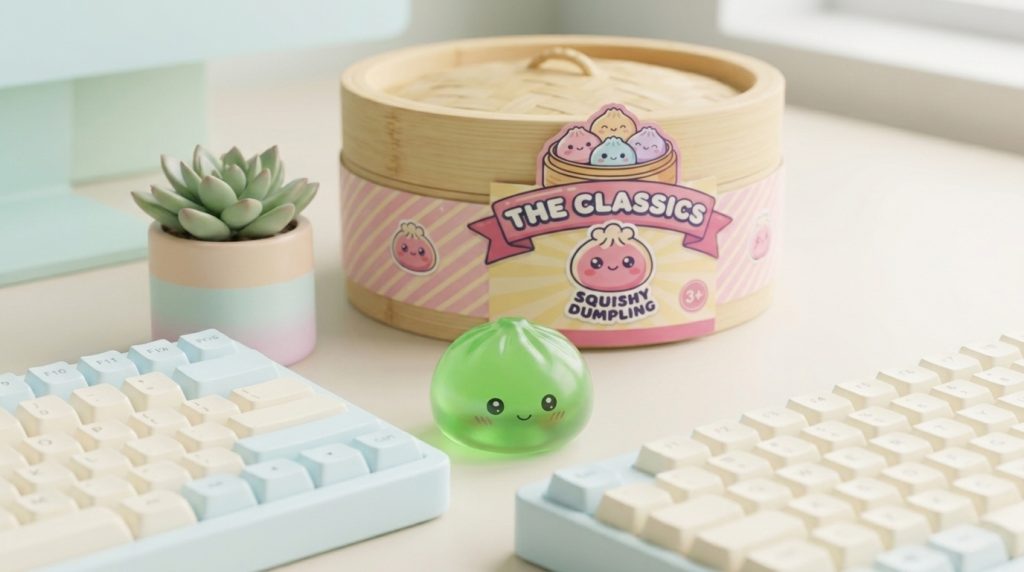 Mini Dumpling Squishy Suiker Set met Bamboe Mandje in zijn kawaii omgeving