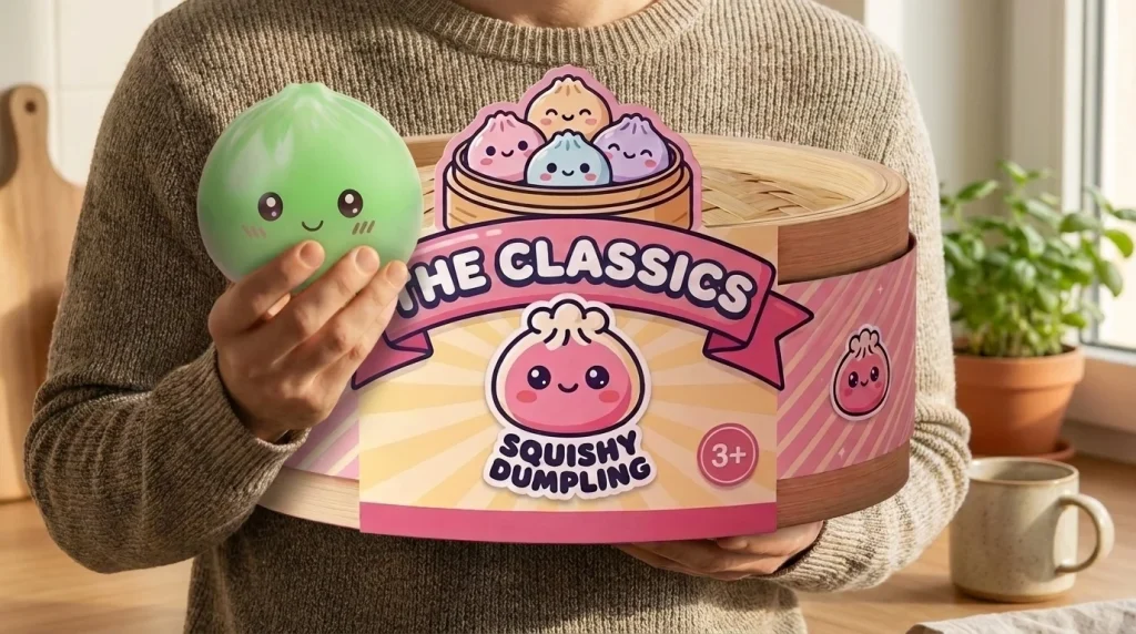 Mini Dumpling Squishy Suiker Set met Bamboe Mandje met zijn doos