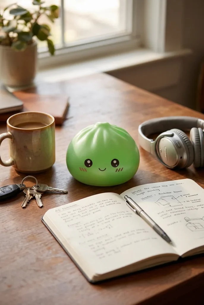 Mini Dumpling Squishy Suiker Set met Bamboe Mandje op het bureau