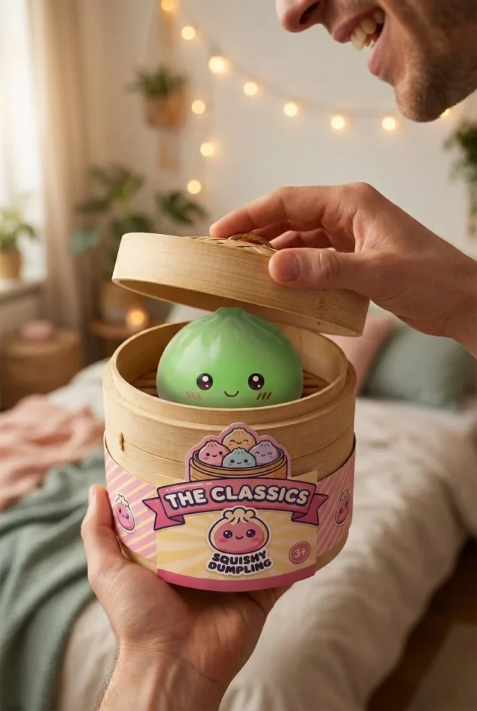 Mini Dumpling Squishy Suiker Set met Bamboe Mandje tijdens het uitpakken