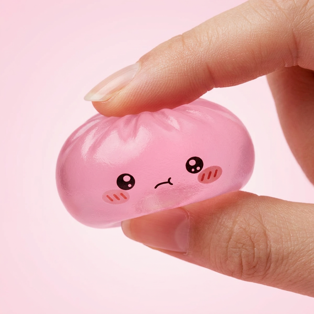 Mini Dumpling Squishy Suiker Set met Bamboe Mandje — slow-rise effect, het schuim vert langzaam terug