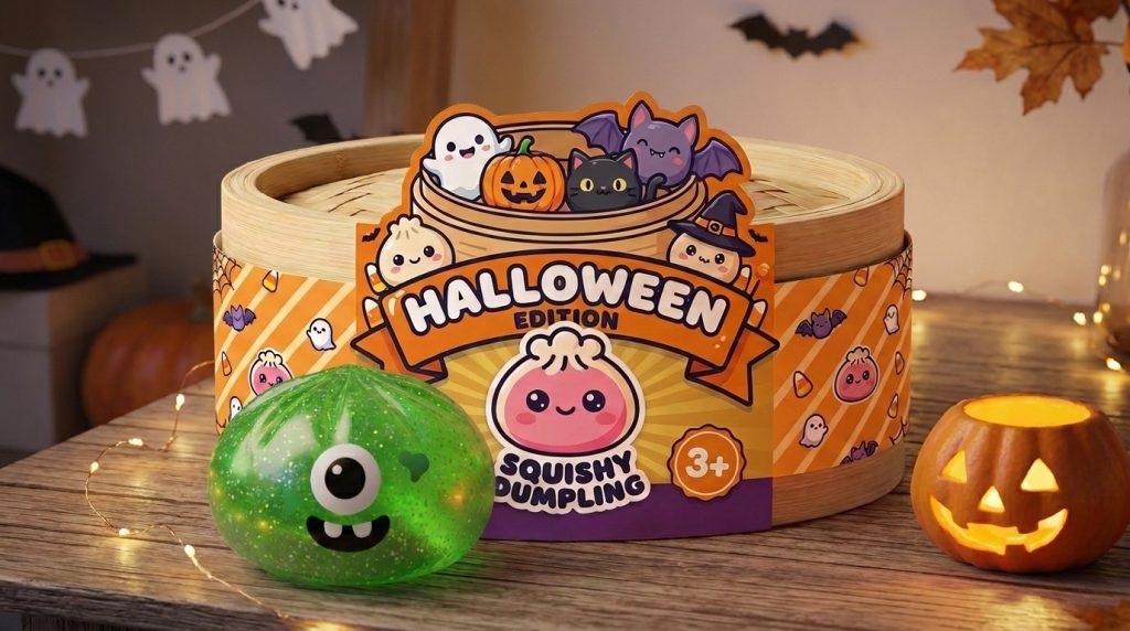 Squishy Dumpling Monster Halloween Groen Glitter in zijn kawaii omgeving