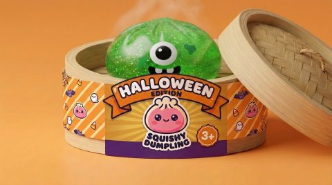 Squishy Dumpling Monster Halloween Groen Glitter in het bamboe stoommandje