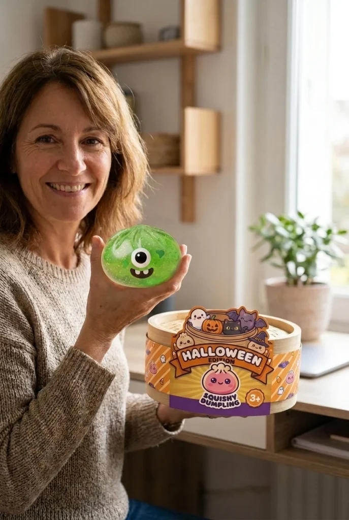 Squishy Dumpling Monster Halloween Groen Glitter met zijn doos