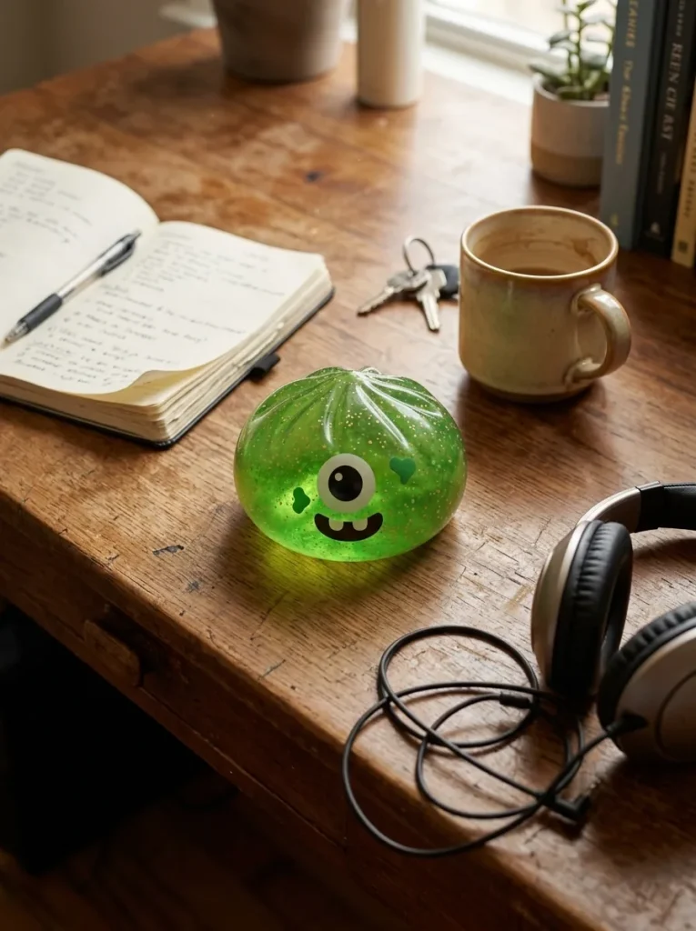 Squishy Dumpling Monster Halloween Groen Glitter op het bureau