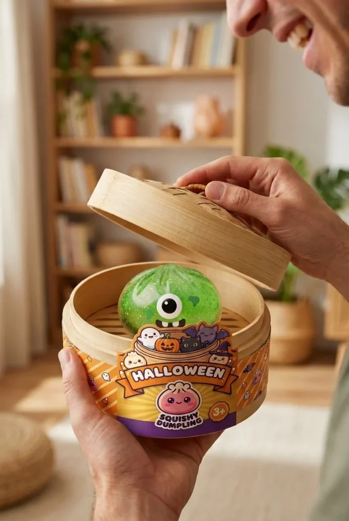 Squishy Dumpling Monster Halloween Groen Glitter tijdens het uitpakken