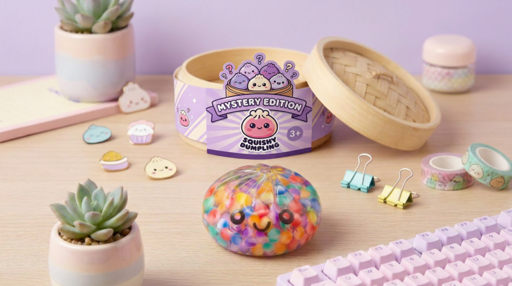 Mystery Dumpling Squishy Zachte Bubbel in zijn kawaii omgeving
