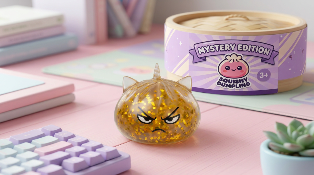 Glitter Dumpling Squishy Rare Unicorn Magic in zijn kawaii omgeving