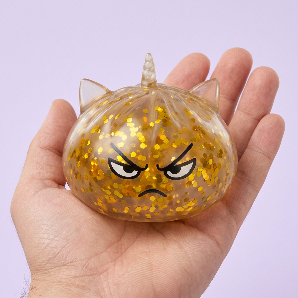 Glitter Dumpling Squishy Rare Unicorn Magic in de hand gehouden, echte grootte
