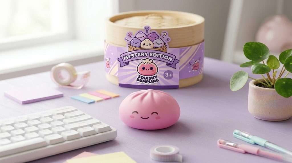 Mystery Dumpling Squishy Verrassingsbox in zijn kawaii omgeving