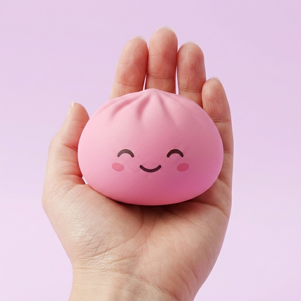 Mystery Dumpling Squishy Verrassingsbox in de hand gehouden, echte grootte