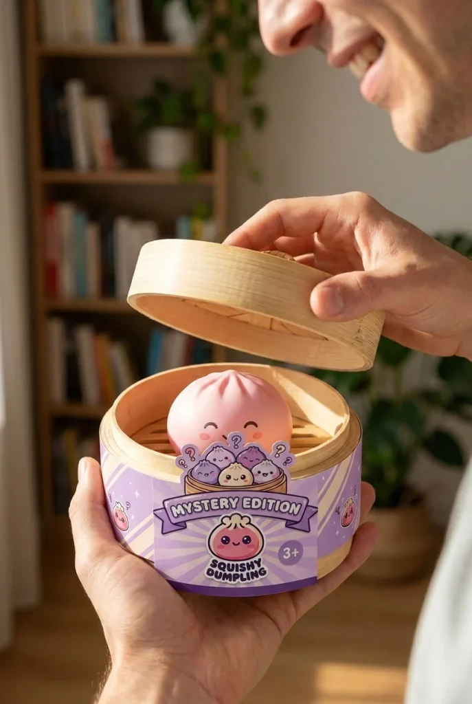 Mystery Dumpling Squishy Verrassingsbox tijdens het uitpakken