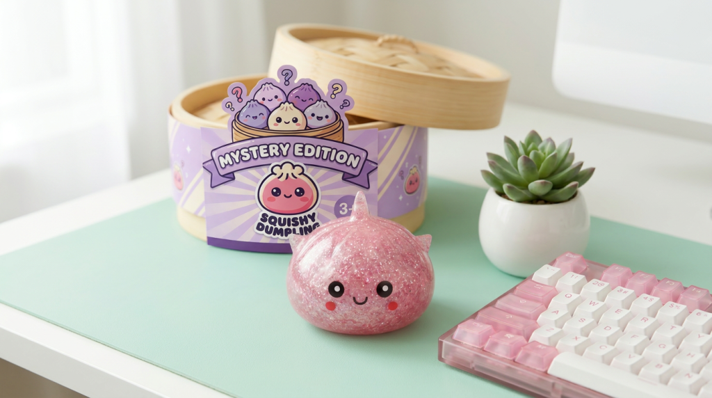 Mystery Dumpling Squishy Glitter Eenhoorn in zijn kawaii omgeving