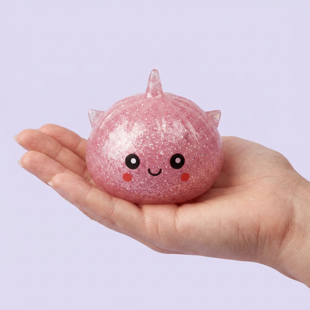 Mystery Dumpling Squishy Glitter Eenhoorn in de hand gehouden, echte grootte