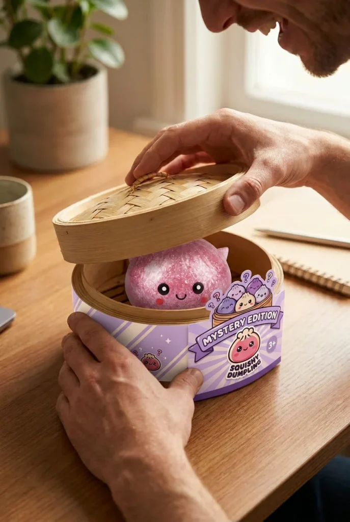 Mystery Dumpling Squishy Glitter Eenhoorn tijdens het uitpakken